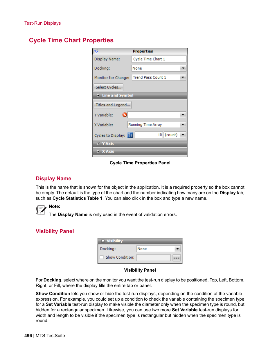 Cycle time chart properties, Display name, Visibility panel | MTS Multipurpose Elite User Manual | Page 496 / 662