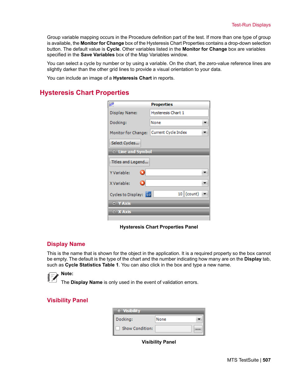 Hysteresis chart properties, Display name, Visibility panel | MTS Multipurpose Elite User Manual | Page 507 / 662