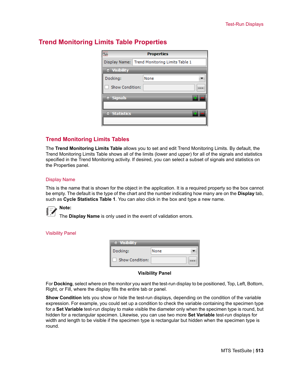 Trend monitoring limits table properties, Trend monitoring limits tables, Display name | Visibility panel | MTS Multipurpose Elite User Manual | Page 513 / 662