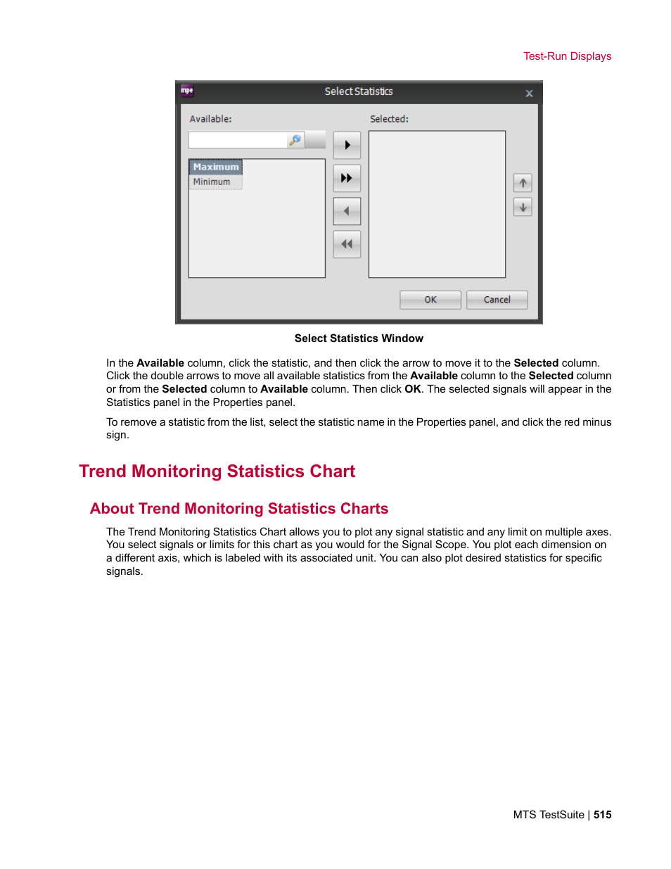 Trend monitoring statistics chart, About trend monitoring statistics charts | MTS Multipurpose Elite User Manual | Page 515 / 662