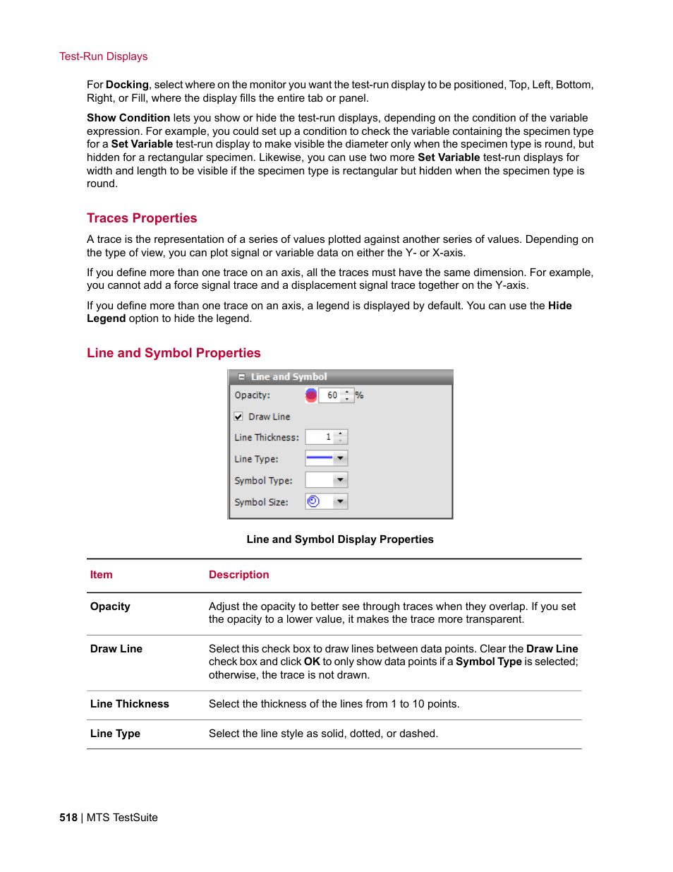 Traces properties, Line and symbol properties | MTS Multipurpose Elite User Manual | Page 518 / 662