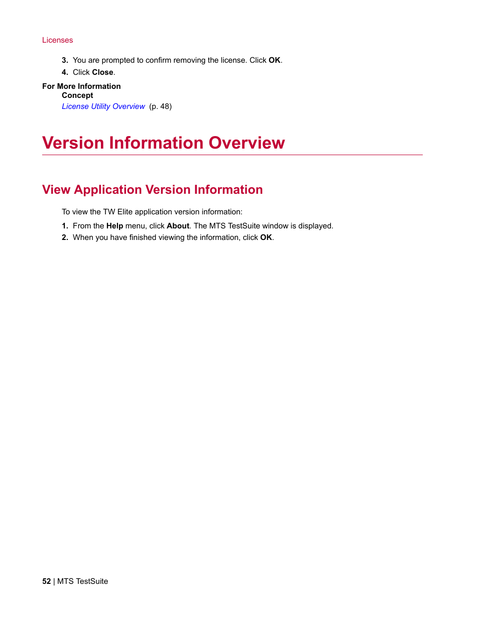 Version information overview, View application version information | MTS Multipurpose Elite User Manual | Page 52 / 662