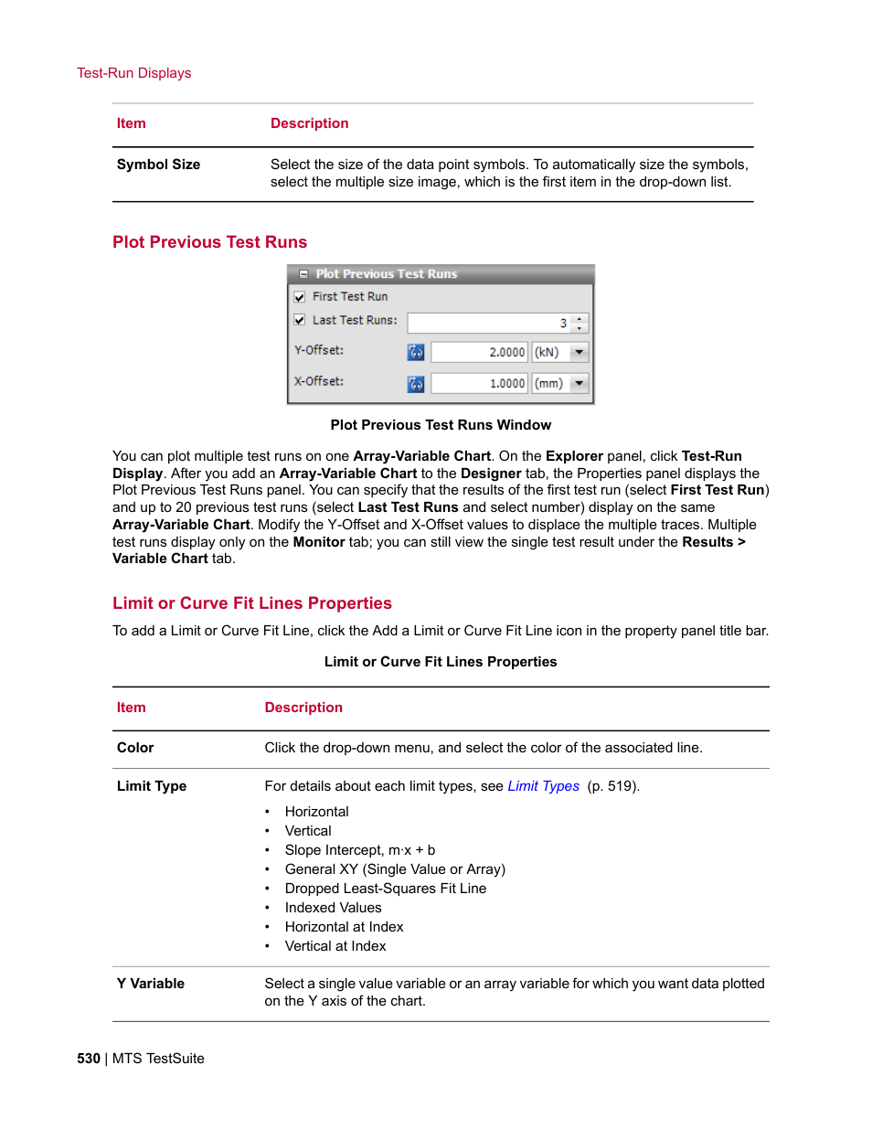 Plot previous test runs, Limit or curve fit lines properties | MTS Multipurpose Elite User Manual | Page 530 / 662