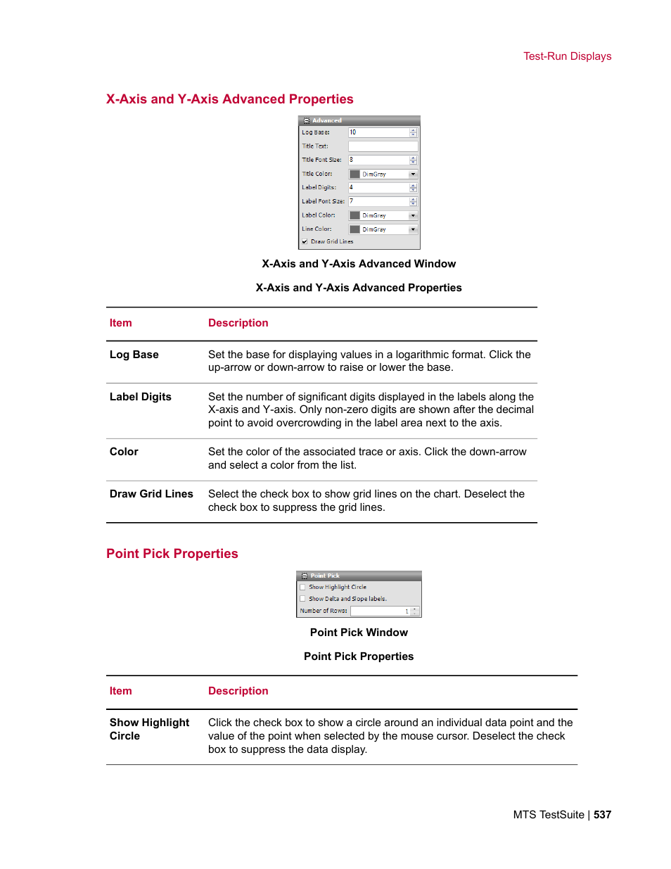 X-axis and y-axis advanced properties, Point pick properties | MTS Multipurpose Elite User Manual | Page 537 / 662
