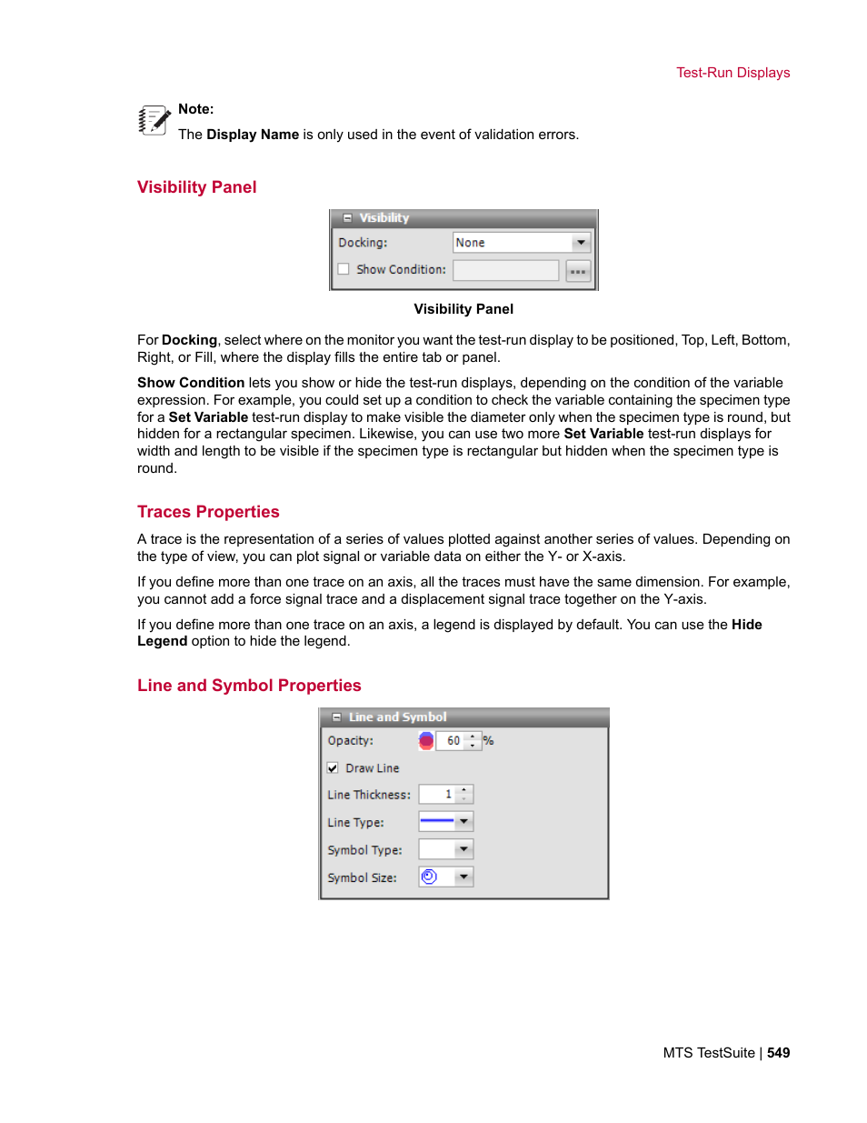 Visibility panel, Traces properties, Line and symbol properties | MTS Multipurpose Elite User Manual | Page 549 / 662