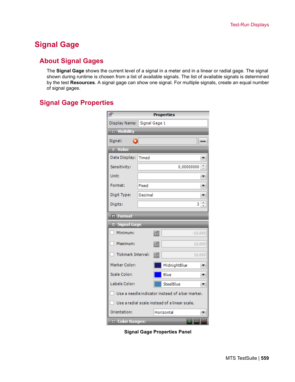 Signal gage, About signal gages, Signal gage properties | MTS Multipurpose Elite User Manual | Page 559 / 662