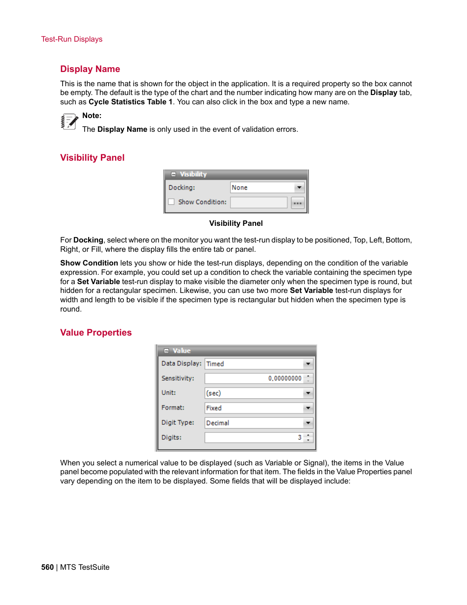 Display name, Visibility panel, Value properties | MTS Multipurpose Elite User Manual | Page 560 / 662