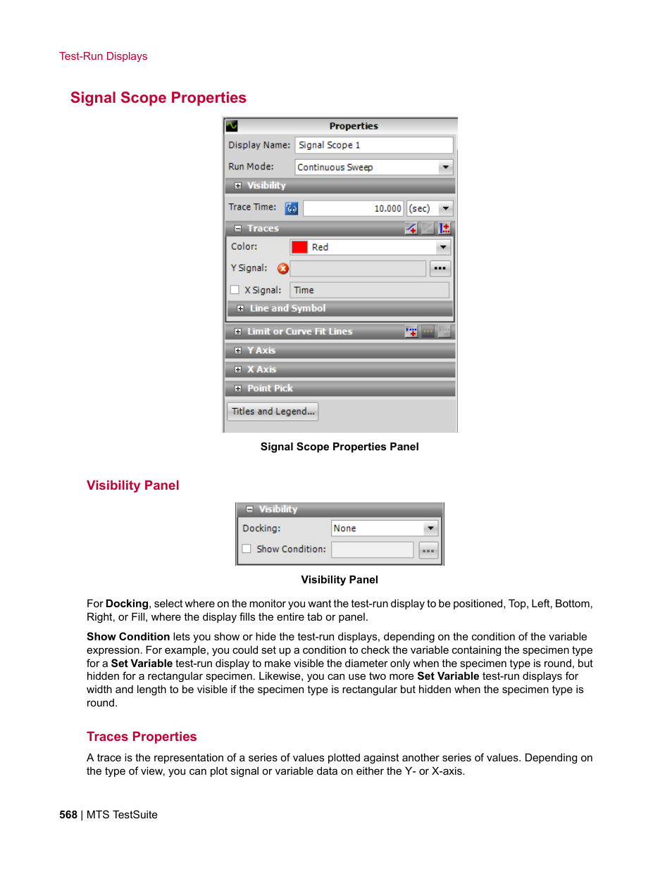 Signal scope properties, Visibility panel, Traces properties | MTS Multipurpose Elite User Manual | Page 568 / 662