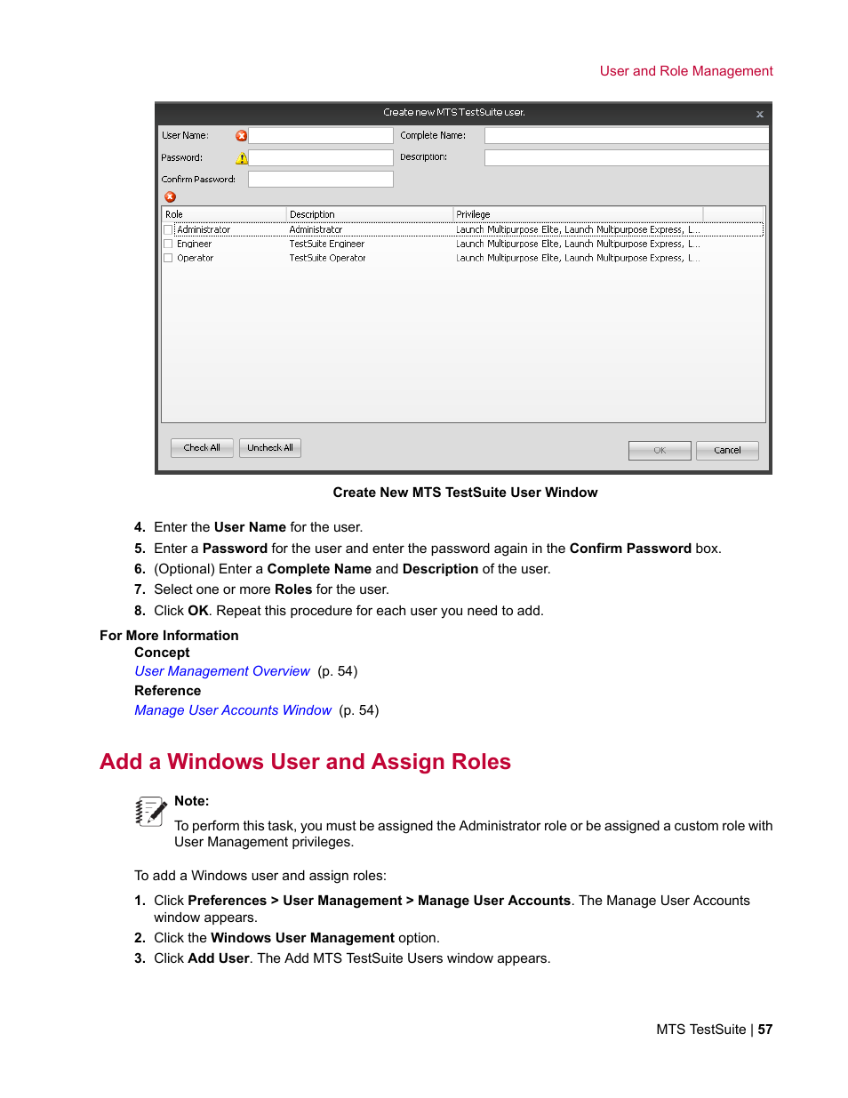 Add a windows user and assign roles | MTS Multipurpose Elite User Manual | Page 57 / 662
