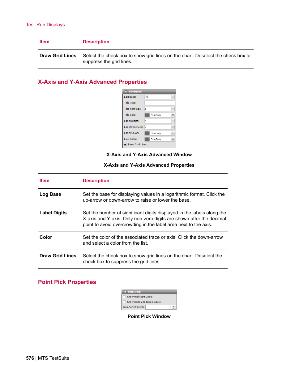 X-axis and y-axis advanced properties, Point pick properties | MTS Multipurpose Elite User Manual | Page 576 / 662