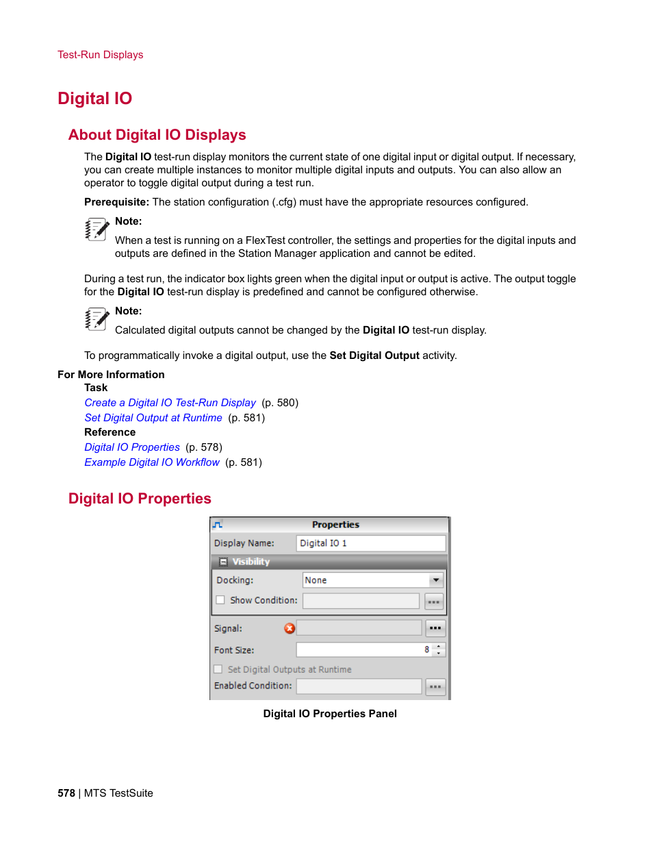 Digital io, About digital io displays, Digital io properties | MTS Multipurpose Elite User Manual | Page 578 / 662