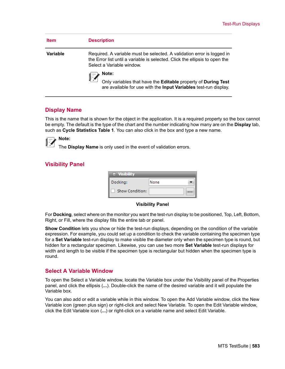 Display name, Visibility panel, Select a variable window | MTS Multipurpose Elite User Manual | Page 583 / 662