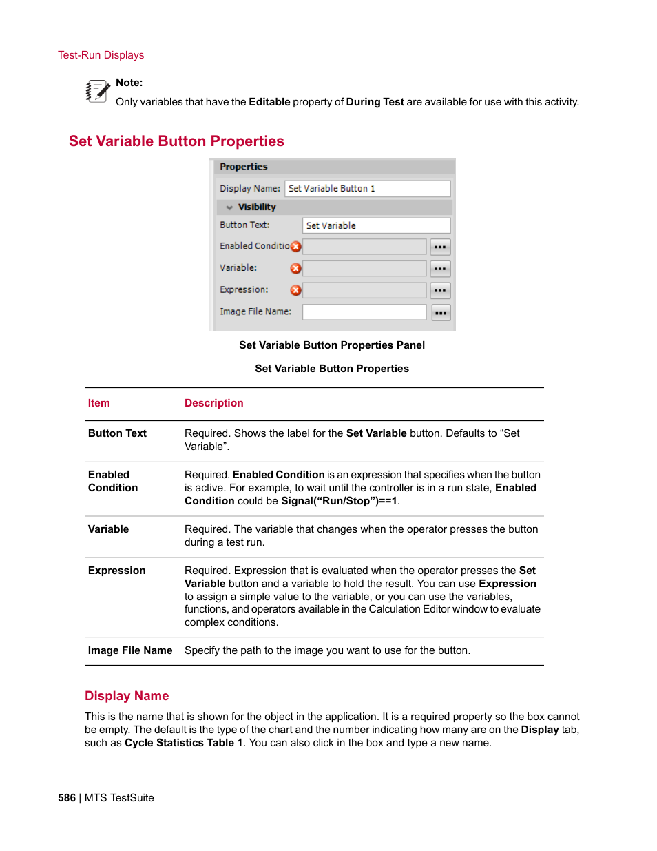 Set variable button properties, Display name | MTS Multipurpose Elite User Manual | Page 586 / 662