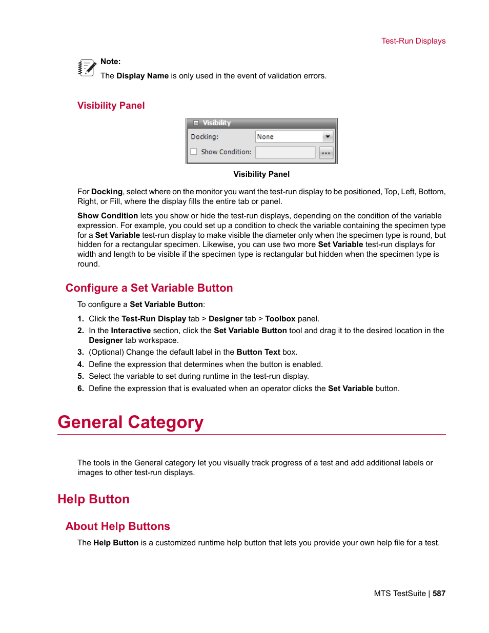 Visibility panel, Configure a set variable button, General category | Help button, About help buttons | MTS Multipurpose Elite User Manual | Page 587 / 662