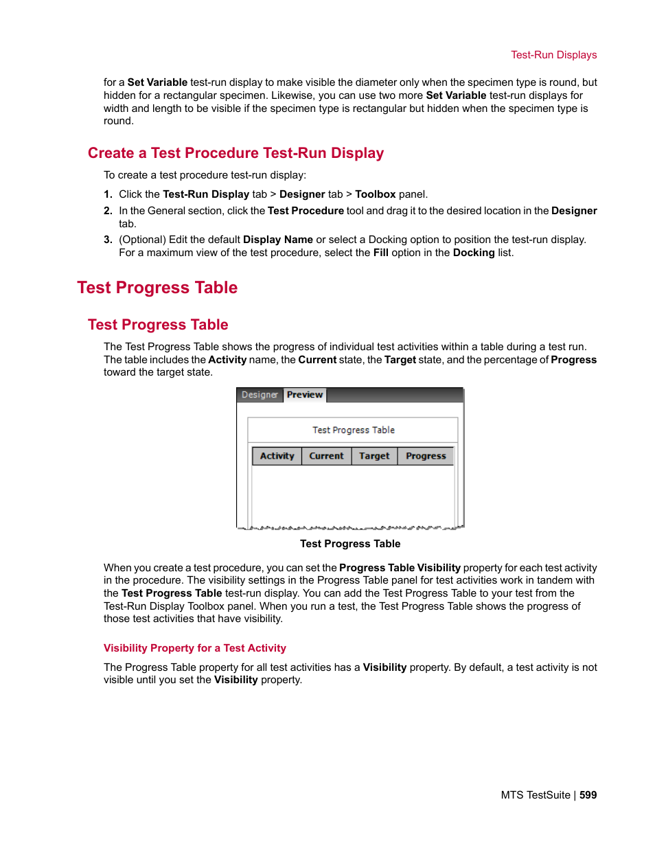 Create a test procedure test-run display, Test progress table | MTS Multipurpose Elite User Manual | Page 599 / 662