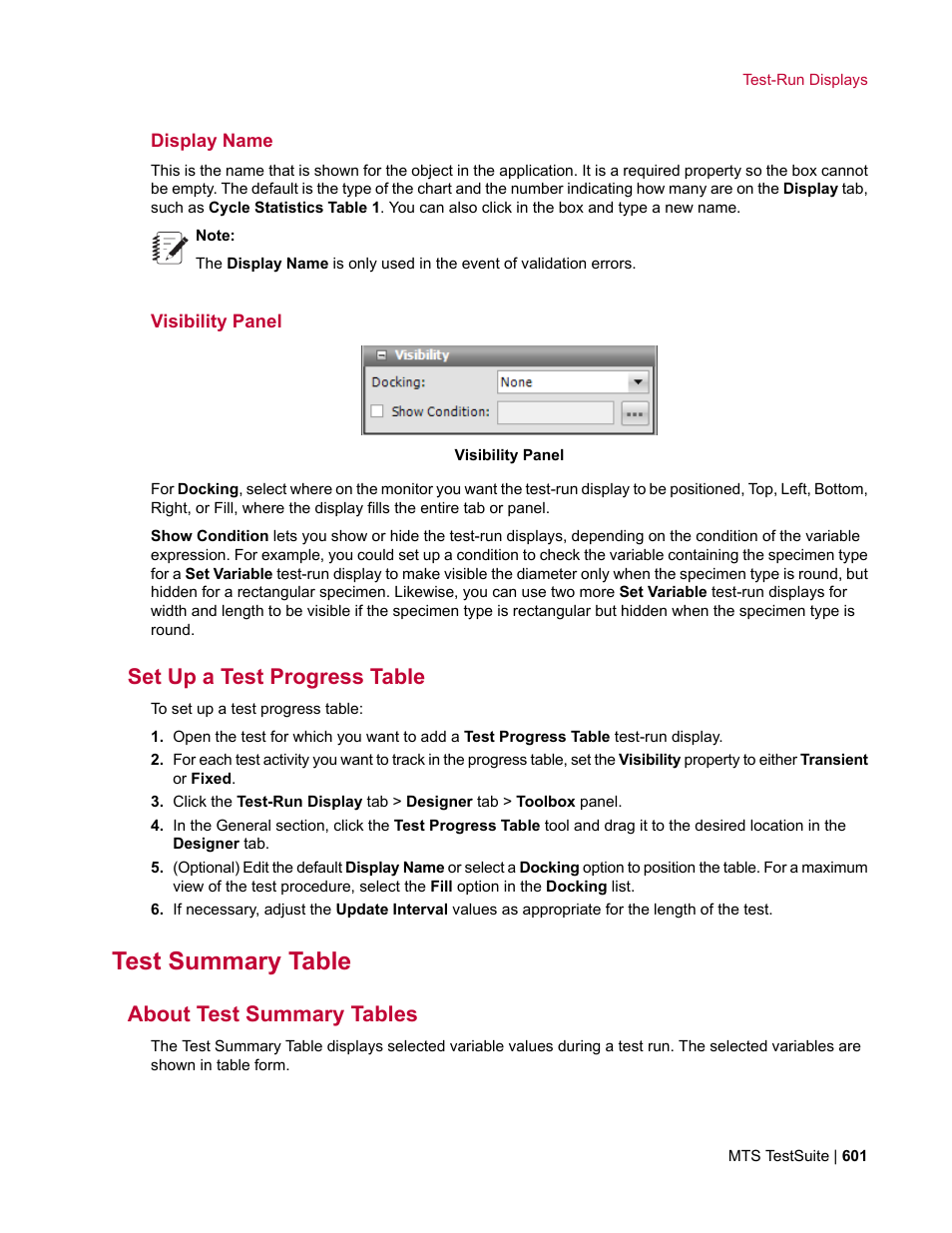 Display name, Visibility panel, Set up a test progress table | Test summary table, About test summary tables | MTS Multipurpose Elite User Manual | Page 601 / 662