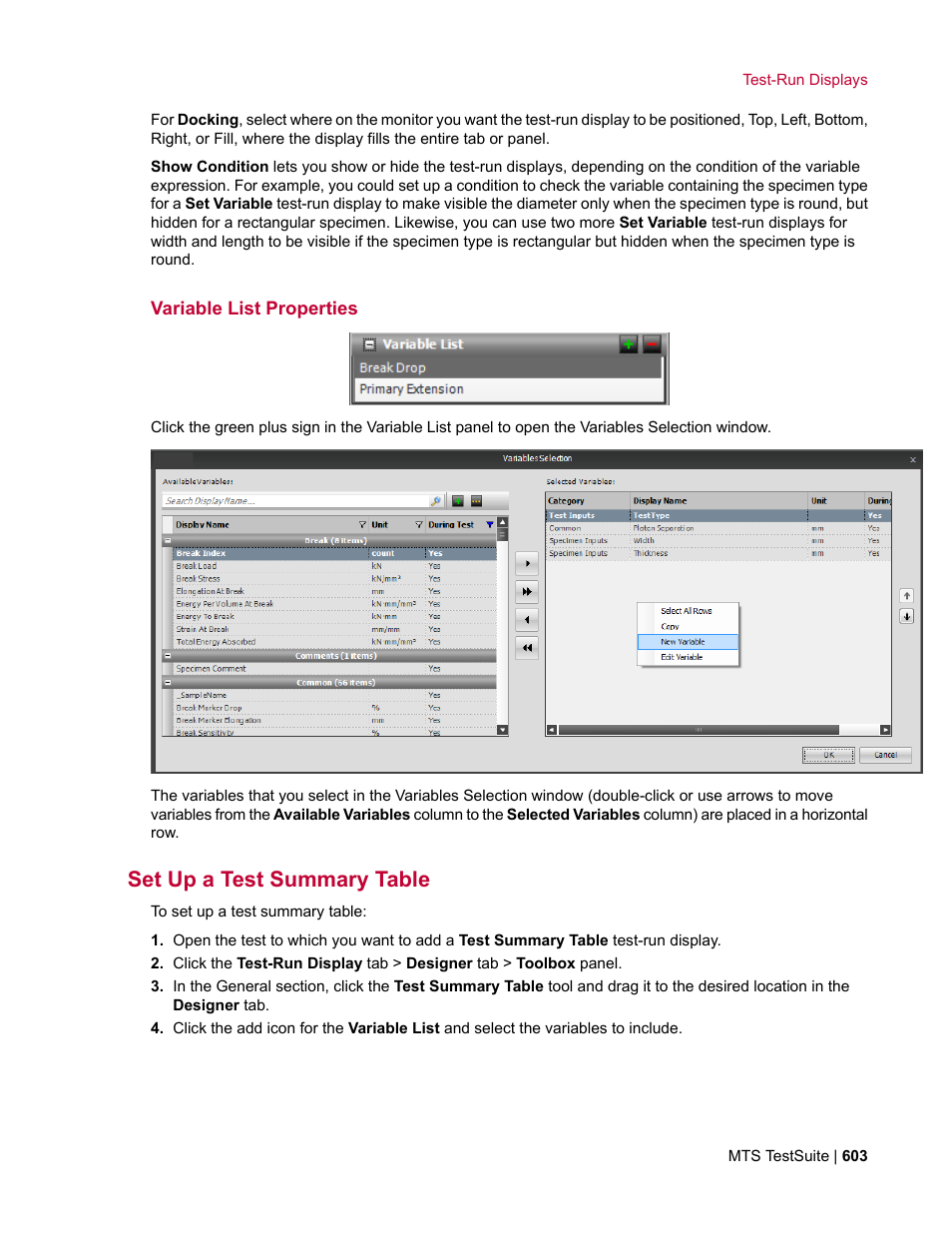 Variable list properties, Set up a test summary table | MTS Multipurpose Elite User Manual | Page 603 / 662