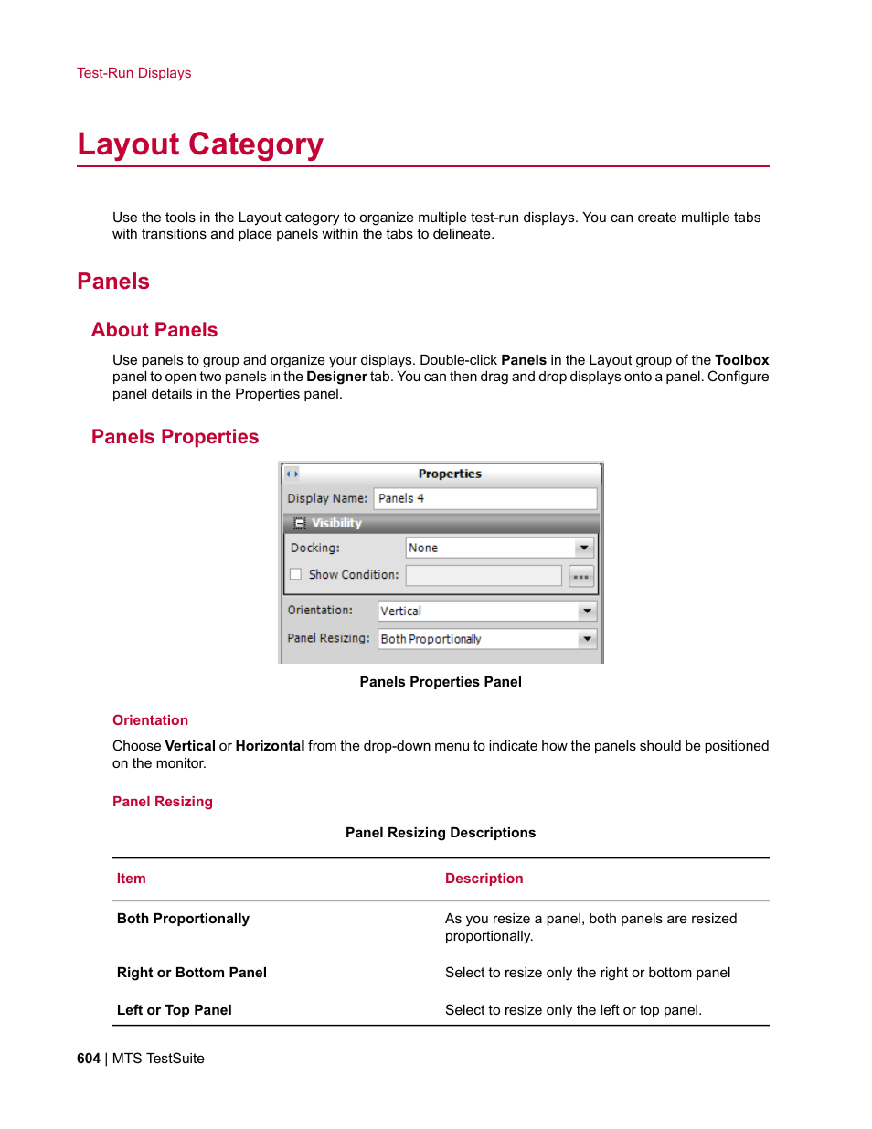 Layout category, Panels, About panels | Panels properties | MTS Multipurpose Elite User Manual | Page 604 / 662