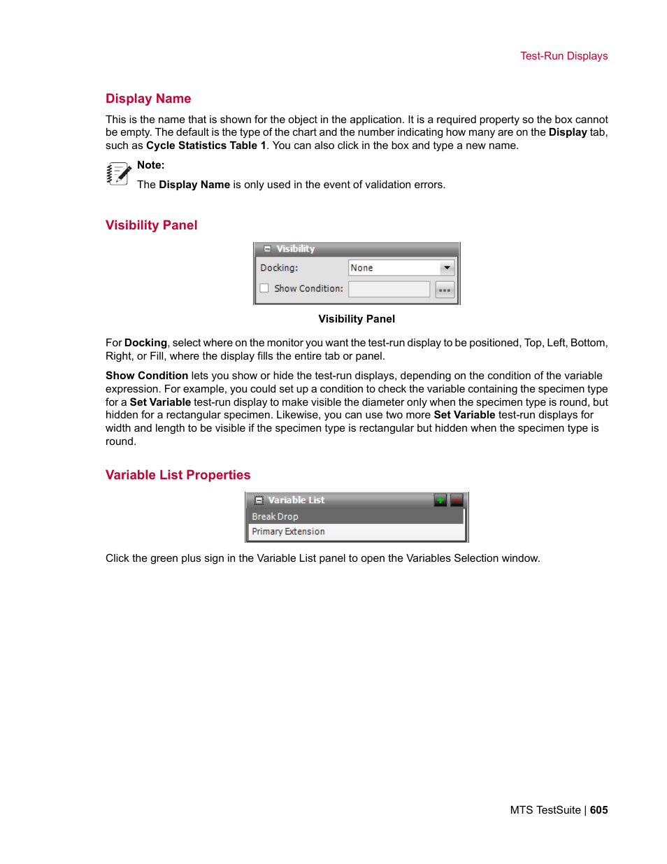 Display name, Visibility panel, Variable list properties | MTS Multipurpose Elite User Manual | Page 605 / 662