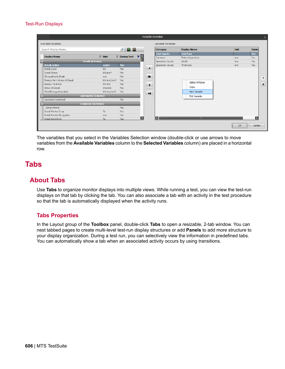 Tabs, About tabs, Tabs properties | MTS Multipurpose Elite User Manual | Page 606 / 662