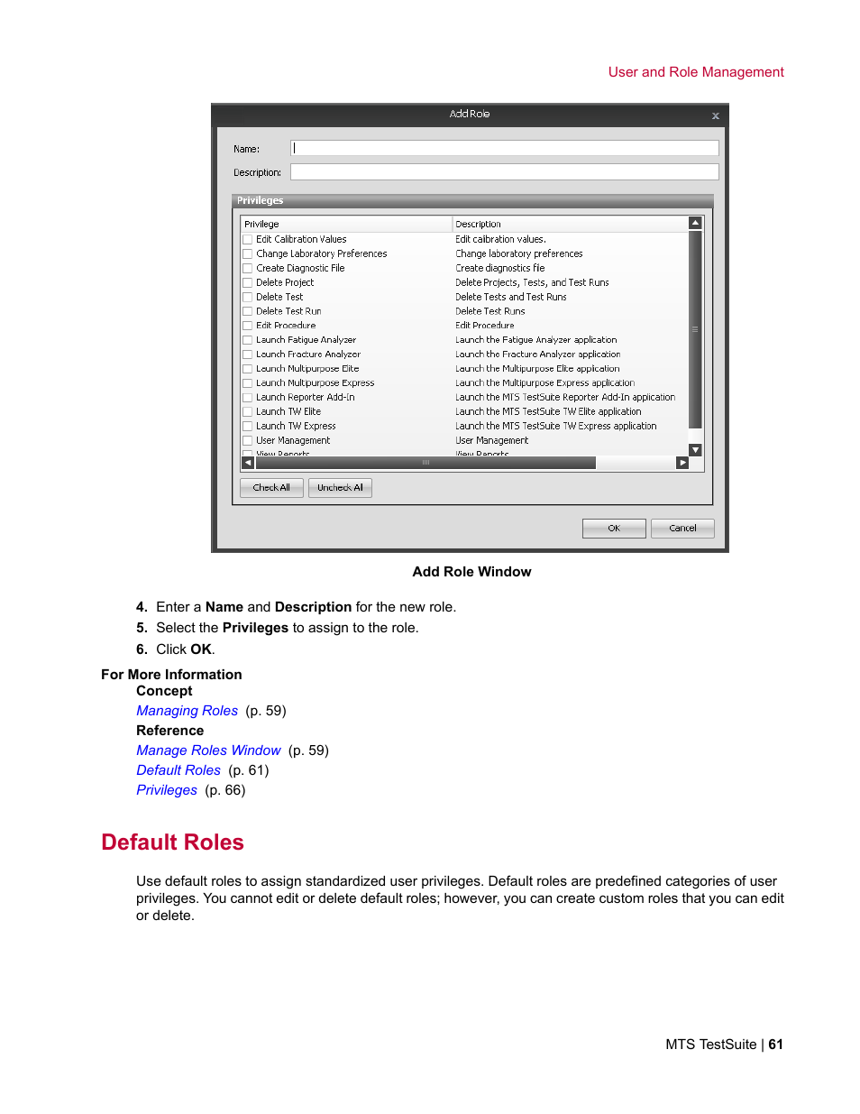 Default roles | MTS Multipurpose Elite User Manual | Page 61 / 662