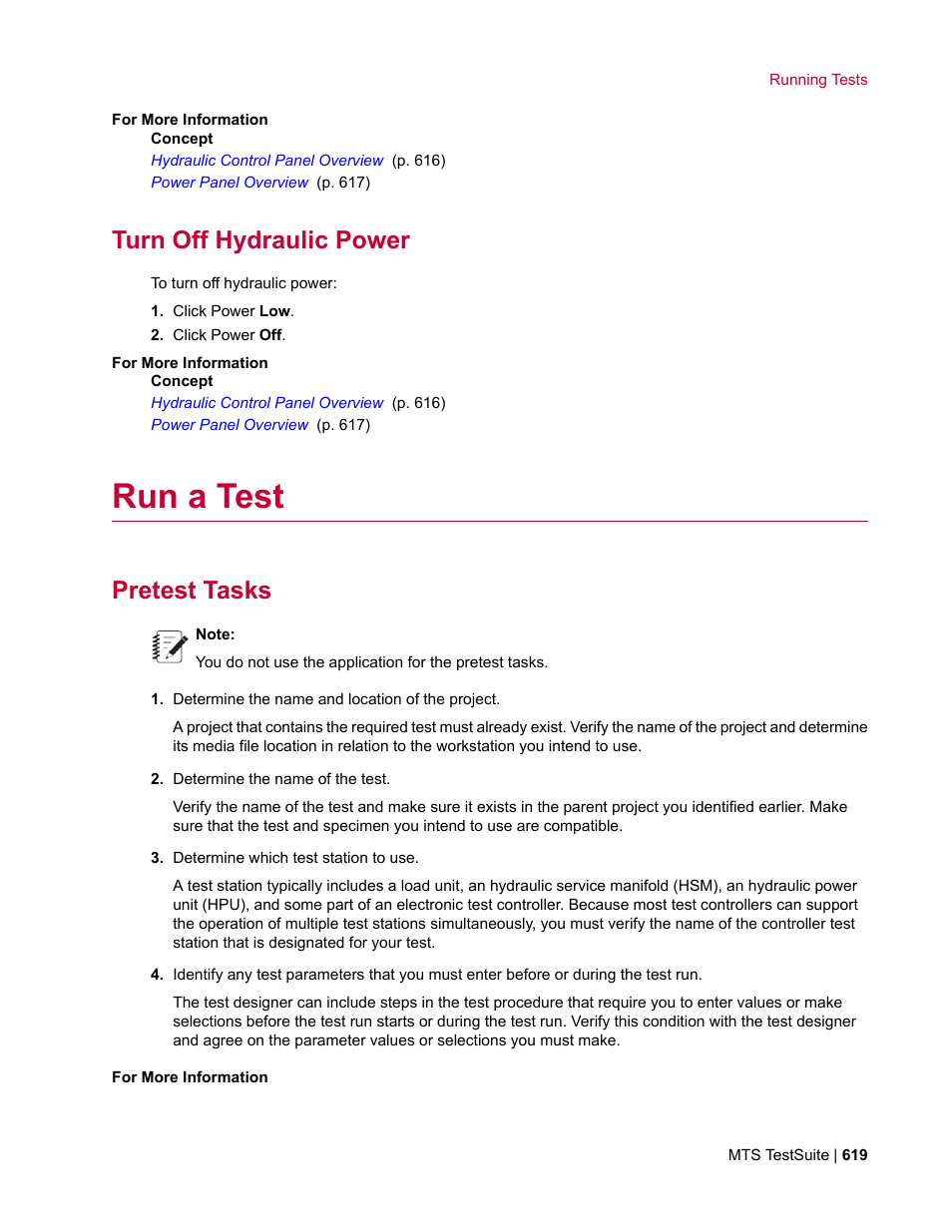 Turn off hydraulic power, Run a test, Pretest tasks | MTS Multipurpose Elite User Manual | Page 619 / 662