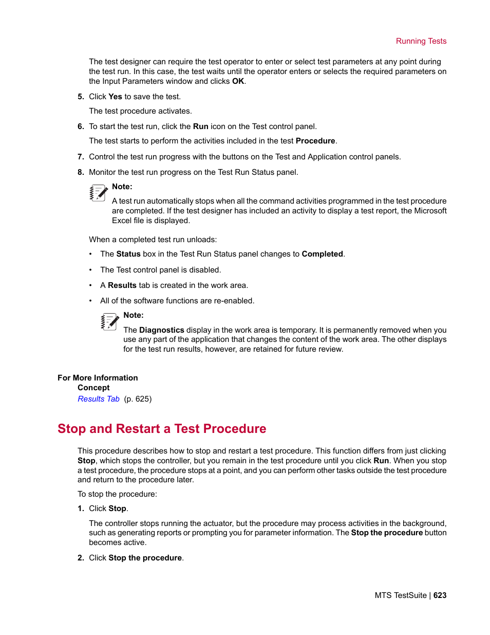 Stop and restart a test procedure | MTS Multipurpose Elite User Manual | Page 623 / 662