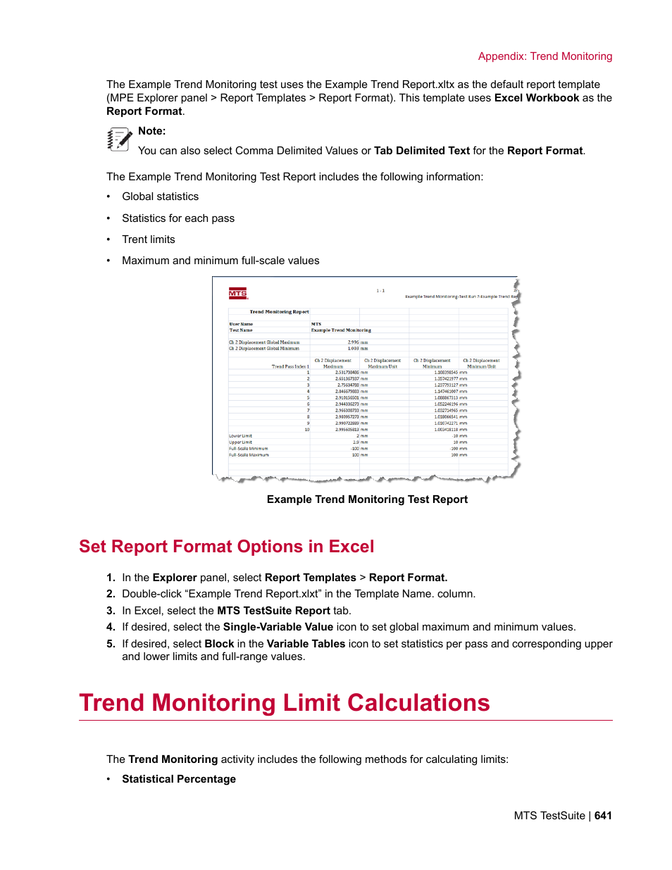 Set report format options in excel, Trend monitoring limit calculations | MTS Multipurpose Elite User Manual | Page 641 / 662