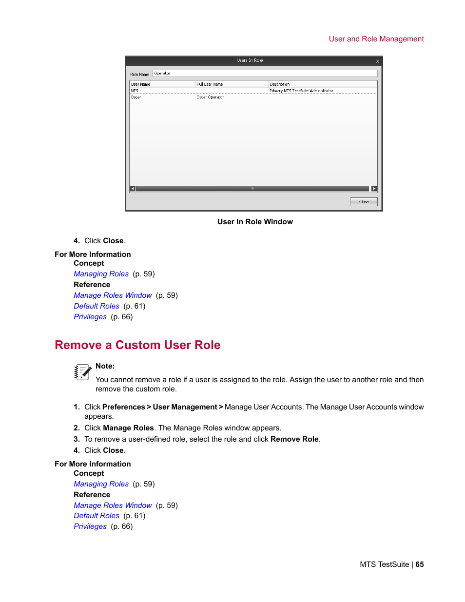 Remove a custom user role | MTS Multipurpose Elite User Manual | Page 65 / 662