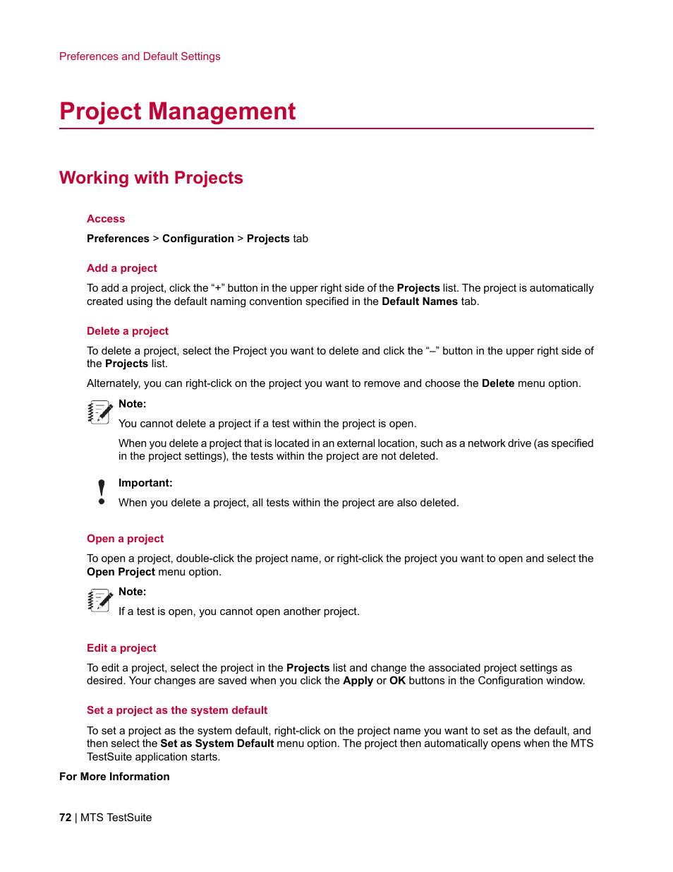 Project management, Working with projects | MTS Multipurpose Elite User Manual | Page 72 / 662