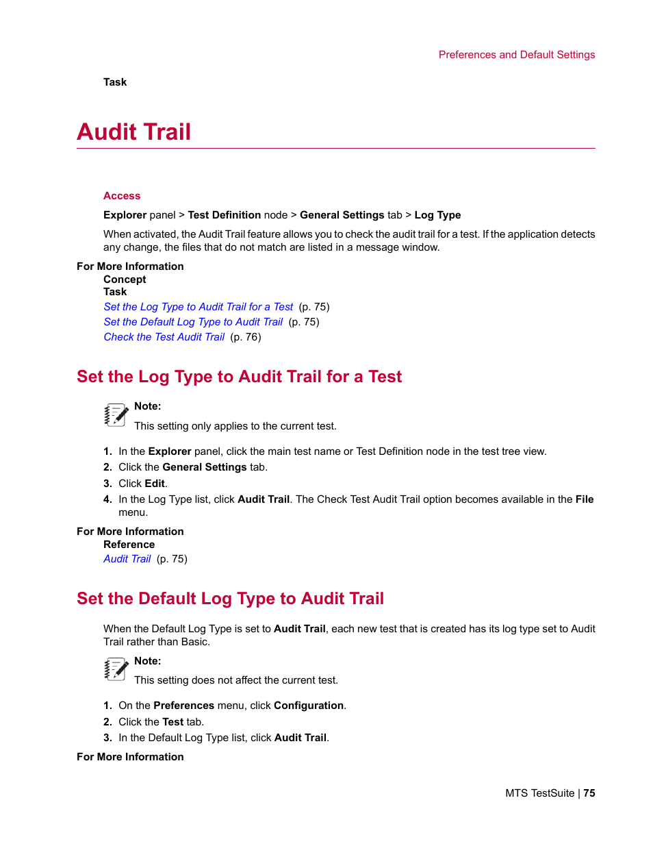 Audit trail, Set the log type to audit trail for a test, Set the default log type to audit trail | MTS Multipurpose Elite User Manual | Page 75 / 662