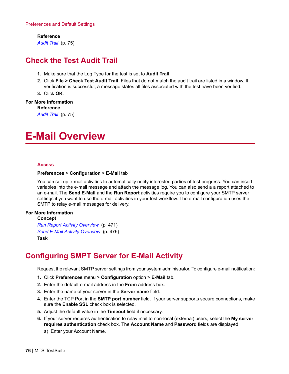Check the test audit trail, E-mail overview, Configuring smpt server for e-mail activity | MTS Multipurpose Elite User Manual | Page 76 / 662