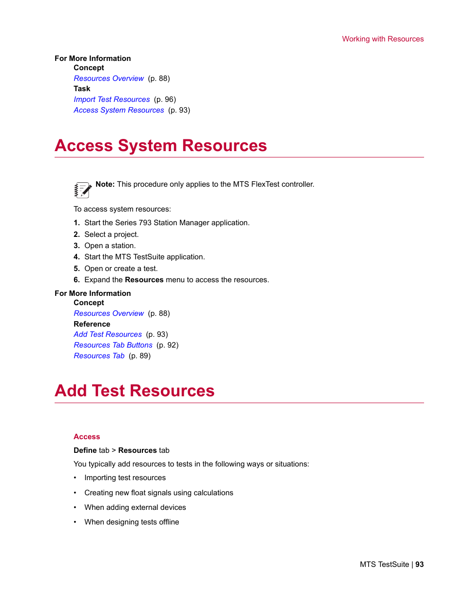 Access system resources, Add test resources | MTS Multipurpose Elite User Manual | Page 93 / 662