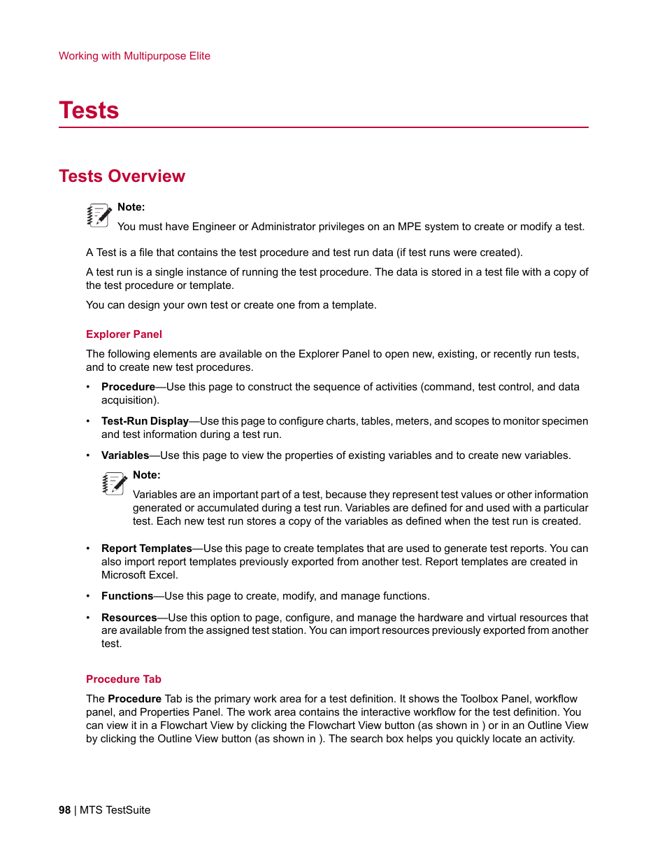 Tests, Tests overview | MTS Multipurpose Elite User Manual | Page 98 / 662