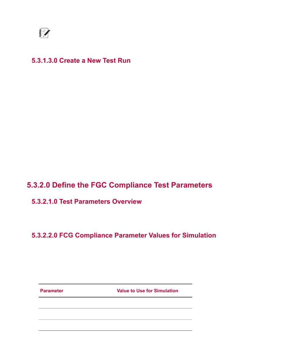 0 create a new test run, 0 define the fgc compliance test parameters, 0 test parameters overview | 0 fcg compliance parameter values for simulation | MTS Multipurpose Simulated User Manual | Page 43 / 100