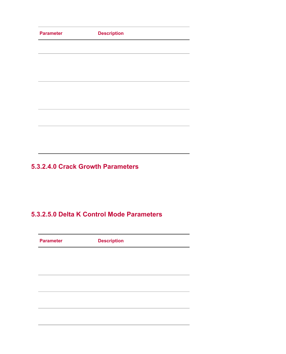 0 crack growth parameters, 0 delta k control mode parameters | MTS Multipurpose Simulated User Manual | Page 46 / 100