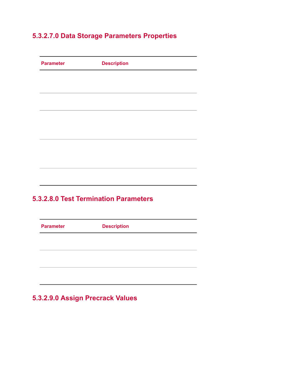 0 data storage parameters properties, 0 test termination parameters, 0 assign precrack values | MTS Multipurpose Simulated User Manual | Page 48 / 100