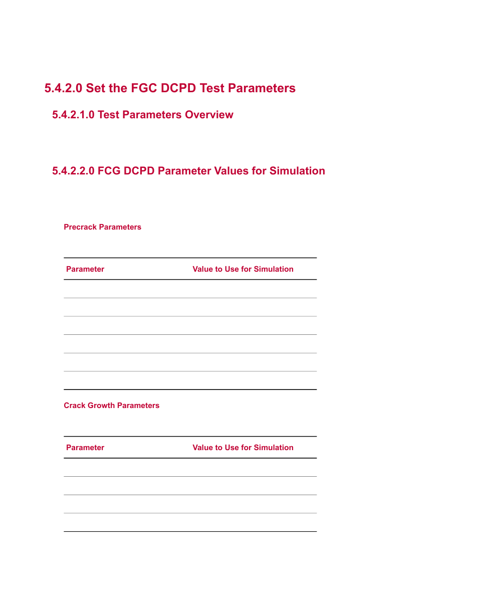 0 set the fgc dcpd test parameters, 0 test parameters overview, 0 fcg dcpd parameter values for simulation | MTS Multipurpose Simulated User Manual | Page 57 / 100
