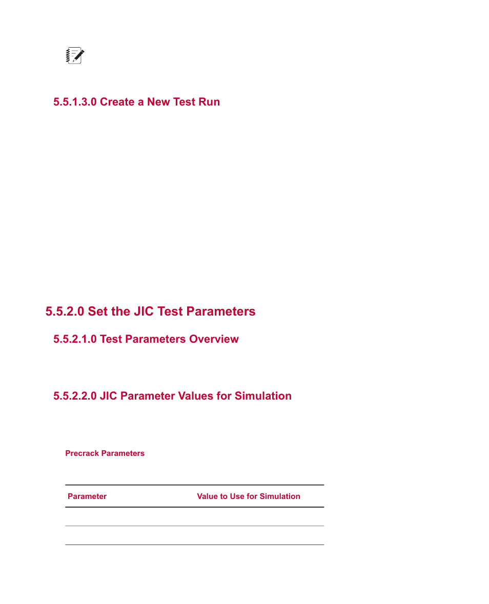 0 create a new test run, 0 set the jic test parameters, 0 test parameters overview | 0 jic parameter values for simulation | MTS Multipurpose Simulated User Manual | Page 70 / 100