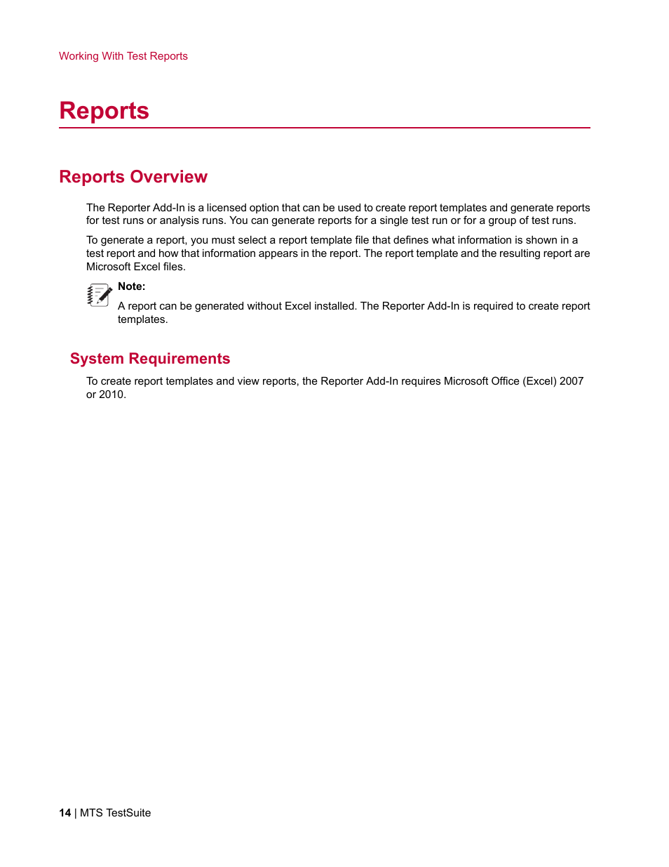 Reports, Reports overview, System requirements | MTS Reporter Add-In User Manual | Page 14 / 38