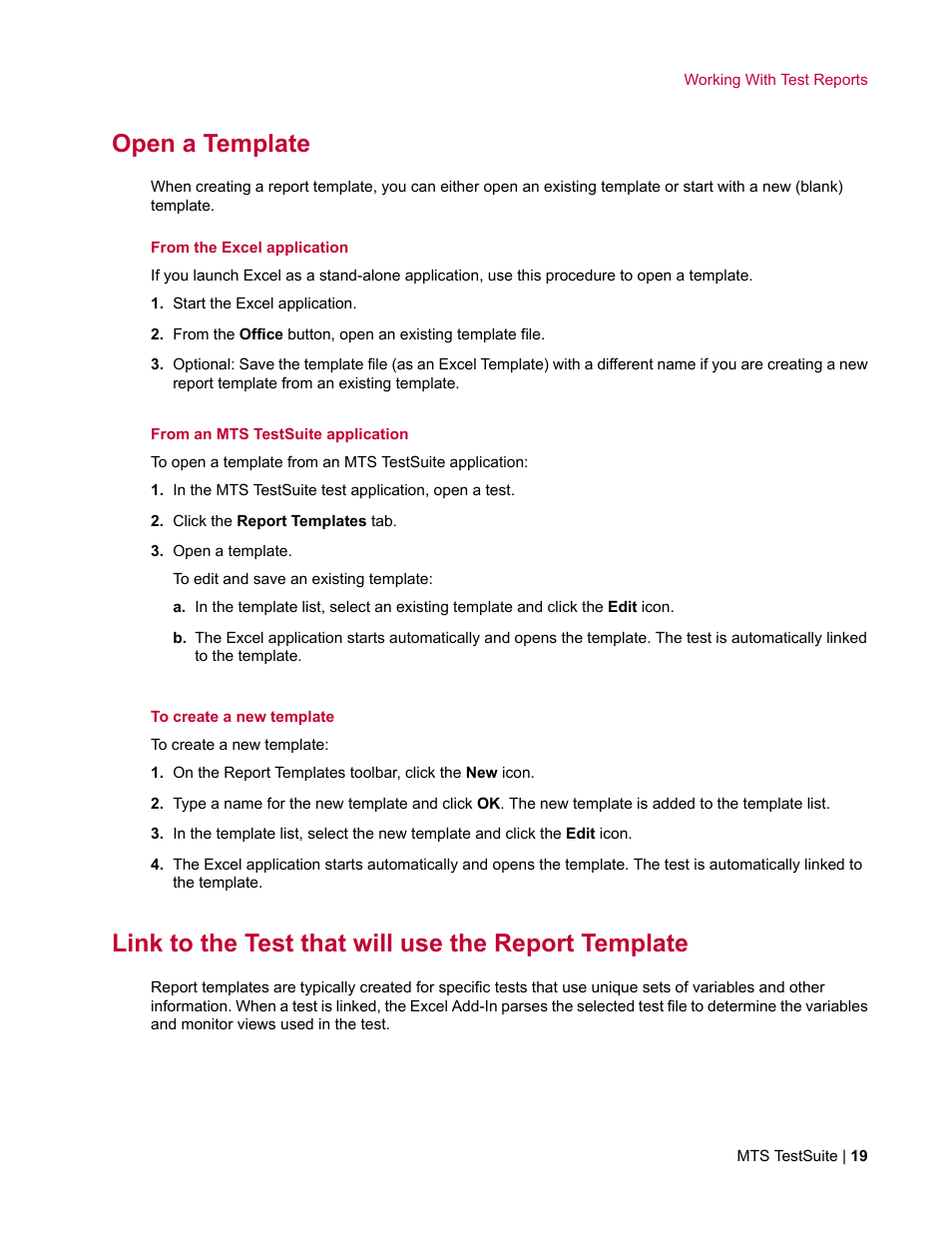 Open a template, Link to the test that will use the report template | MTS Reporter Add-In User Manual | Page 19 / 38
