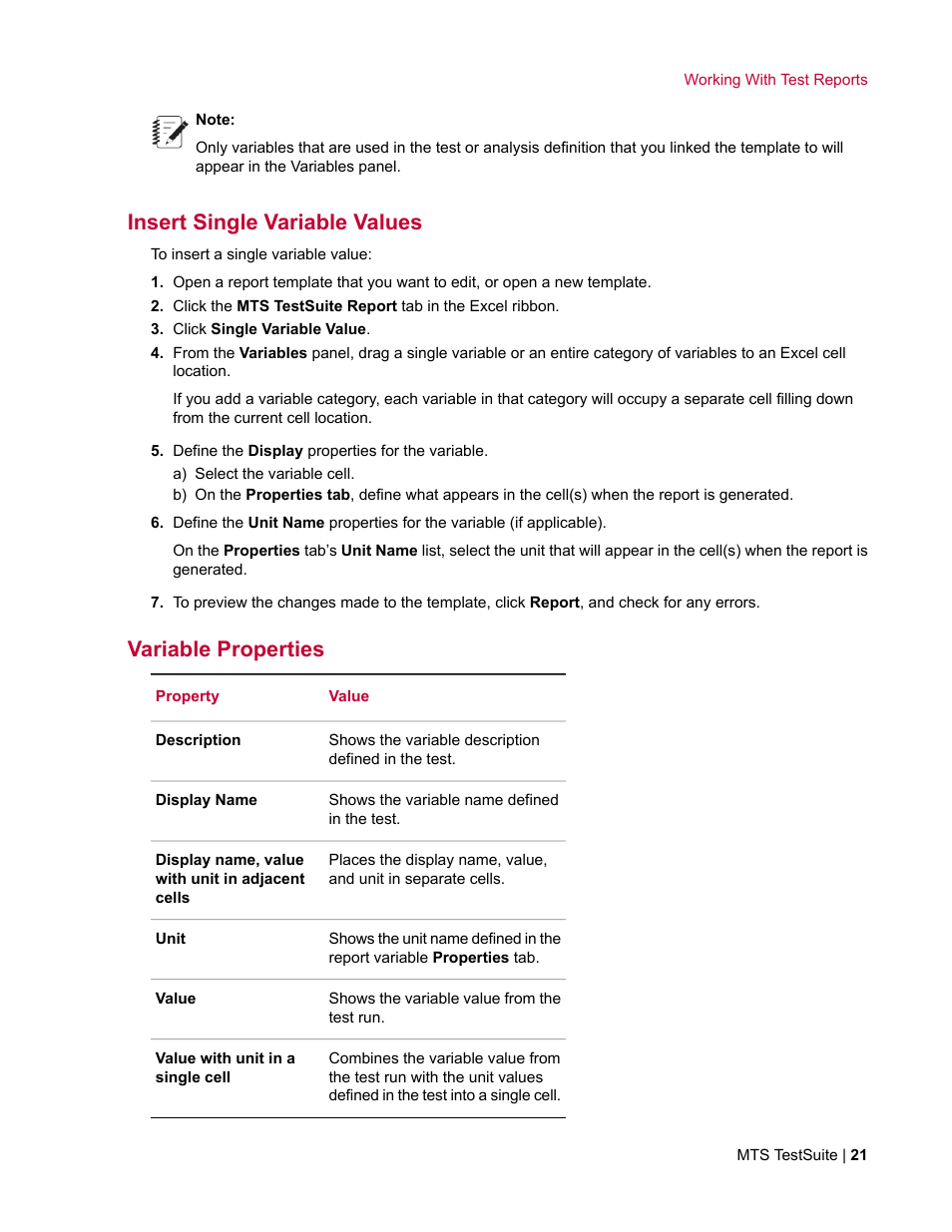 Insert single variable values, Variable properties | MTS Reporter Add-In User Manual | Page 21 / 38