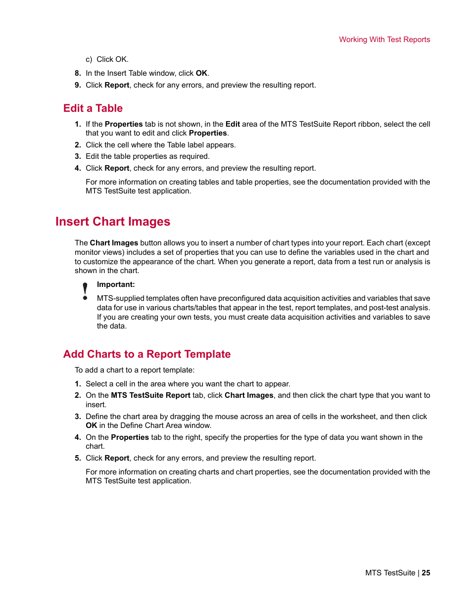 Edit a table, Insert chart images, Add charts to a report template | MTS Reporter Add-In User Manual | Page 25 / 38