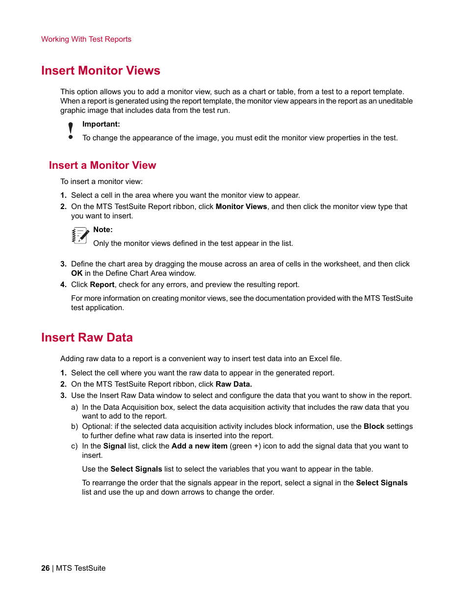 Insert monitor views, Insert a monitor view, Insert raw data | MTS Reporter Add-In User Manual | Page 26 / 38