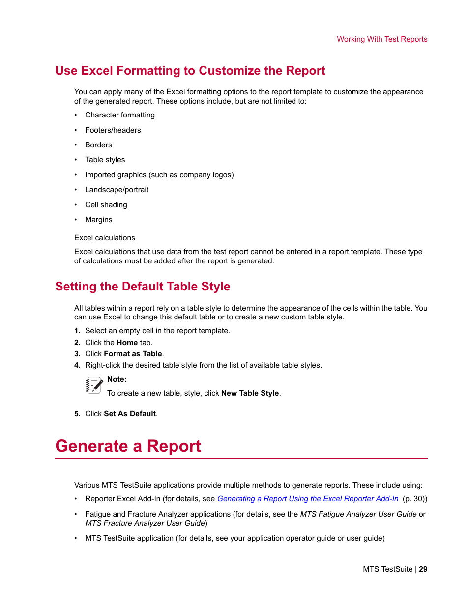 Use excel formatting to customize the report, Setting the default table style, Generate a report | MTS Reporter Add-In User Manual | Page 29 / 38