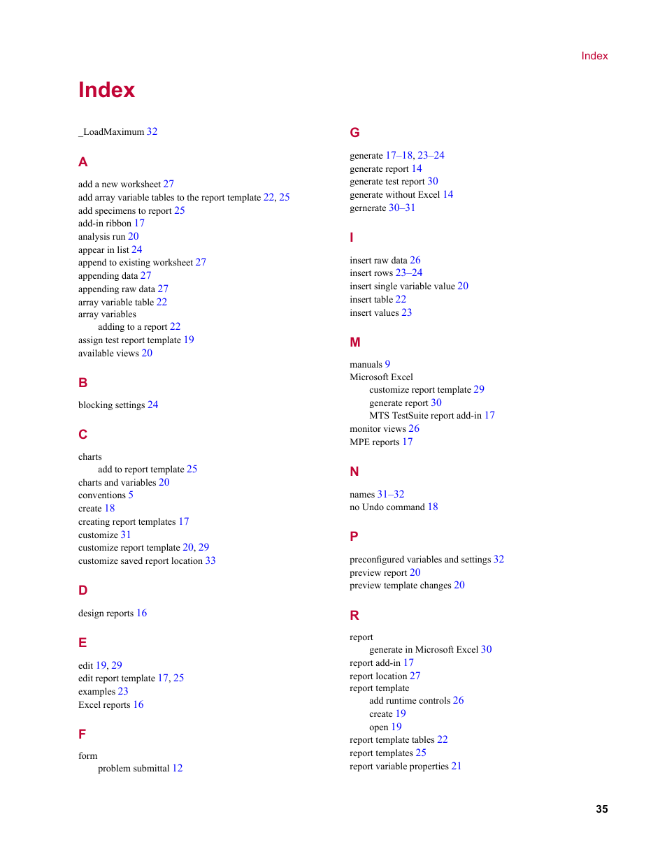 Index | MTS Reporter Add-In User Manual | Page 35 / 38