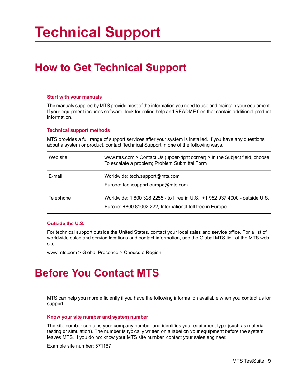 Technical support, How to get technical support, Before you contact mts | MTS Reporter Add-In User Manual | Page 9 / 38