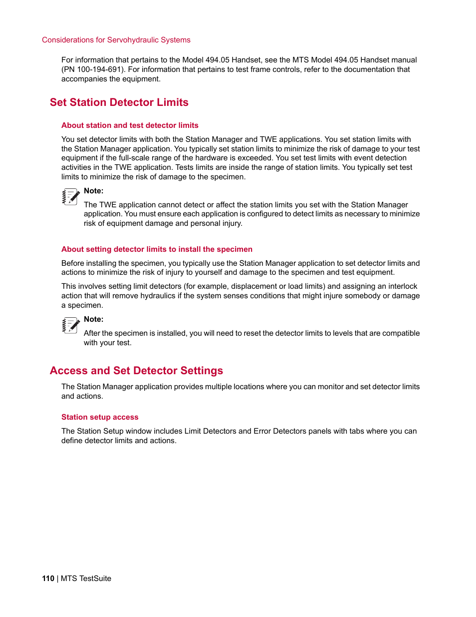 Set station detector limits, Access and set detector settings | MTS TW Elite User Manual | Page 110 / 132