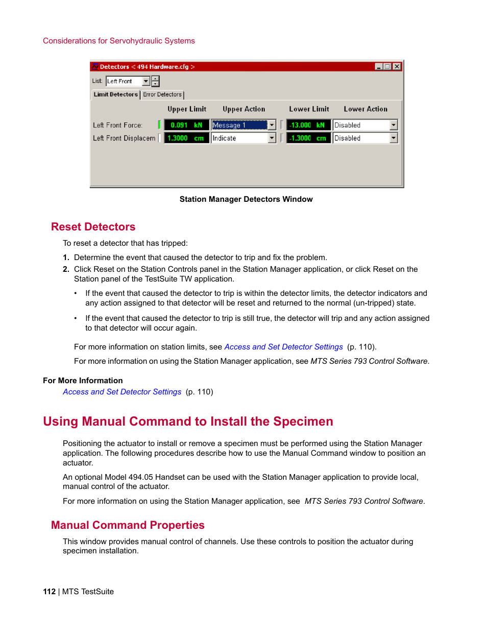 Reset detectors, Using manual command to install the specimen, Manual command properties | MTS TW Elite User Manual | Page 112 / 132