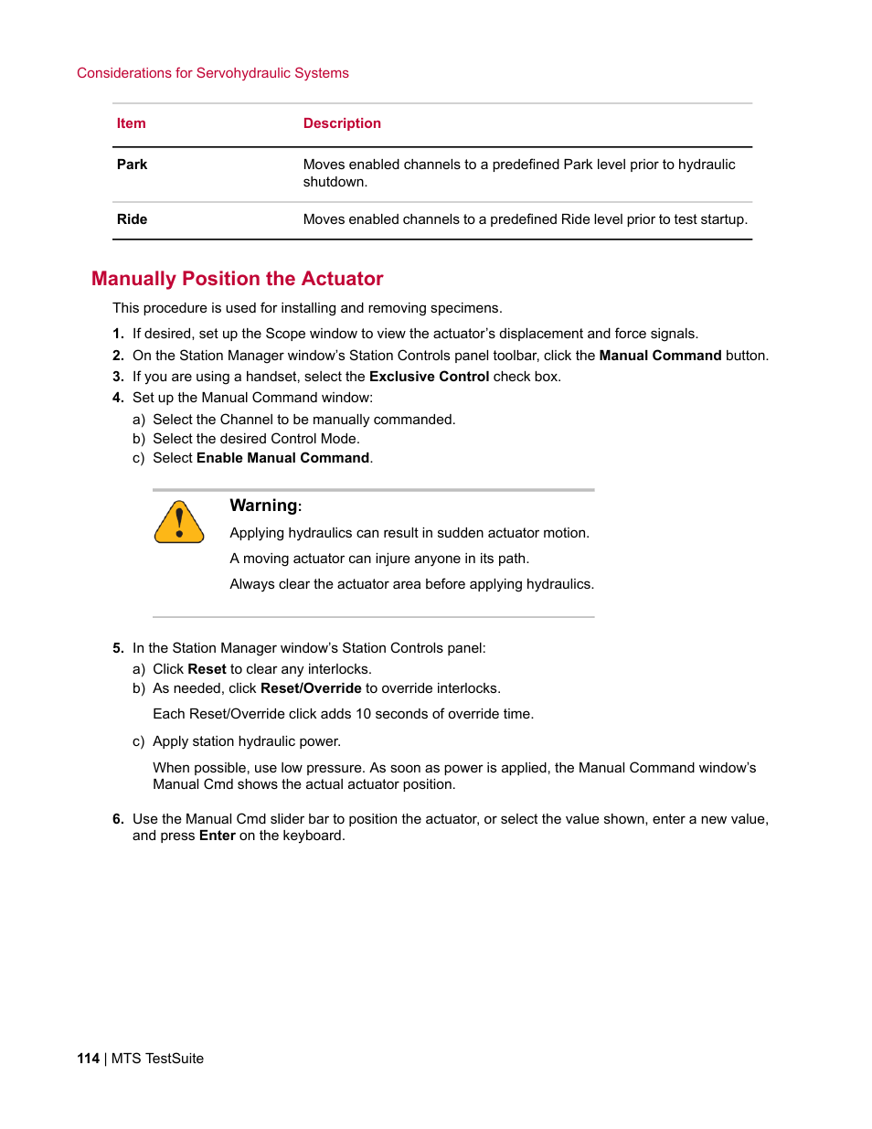 Manually position the actuator | MTS TW Elite User Manual | Page 114 / 132